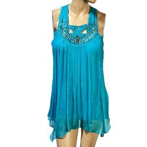 Cache Women's Silk Blouse  Top Layered Size S Turquoise Crochet Neckline Y2K